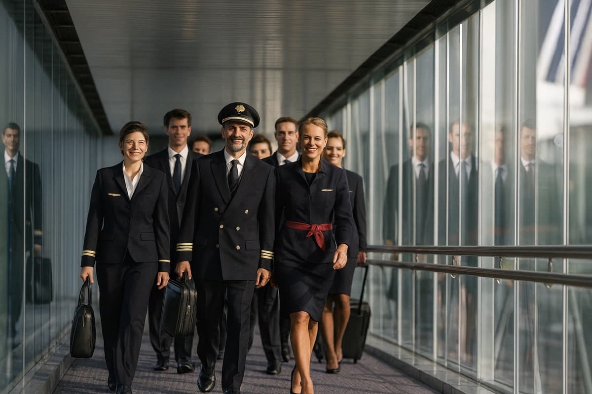 Équipage PNC en déplacement, couloir aéroport